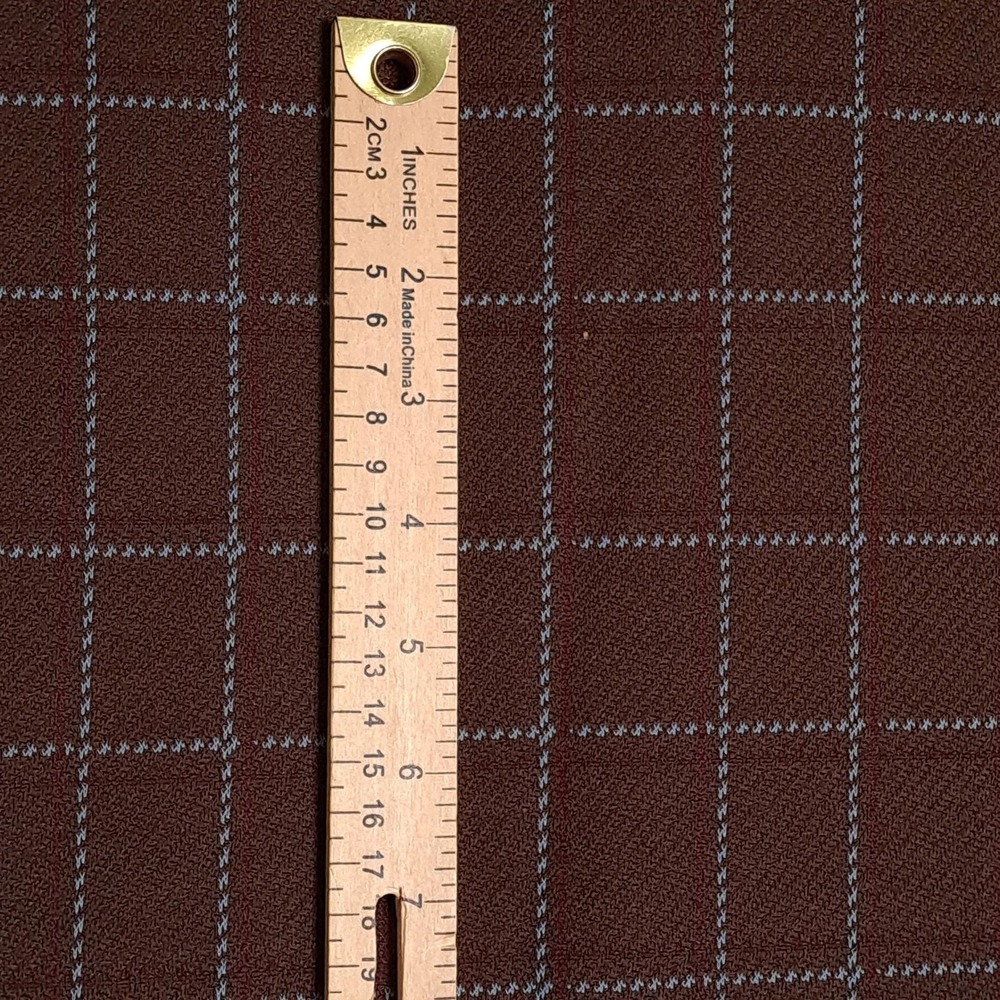 Vintage Windowpane Check Fabric 1.28 Yards 60" Wide Brown Blue Wool Blend 1970s